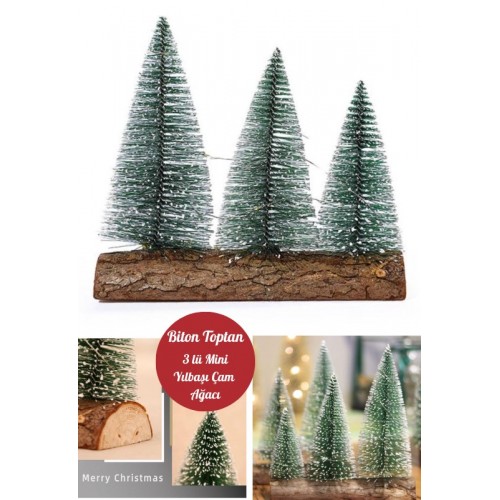 3 Lü Set Nevada Mini Çam Ağaçları Meşe Kütük Üzerinde Yılbaşı Hediyesi  16-12-10  cm