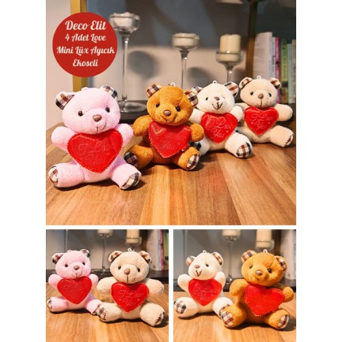 4 Adet Mini Lüx Ayıcık Kalpli Love Yazılı Hediyelik Ayıcık 11 cm x 9 cm