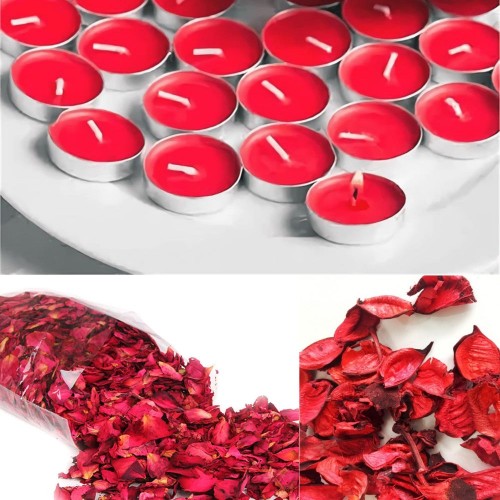 2000 Adet Kuru Gül Yaprağı + 50 Adet Kırmızı Tealight Mum Romantik Süsleme