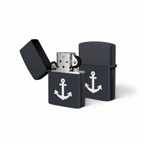 Deniz Gemi Çapası Logolu Siyah Benzinli Metal Çakmak