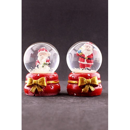 2 Adet Yeni Yıl Noel Baba Temalı Kurdele Detaylı Mini Boy Işıklı Kar Küresi 6,5 cm B