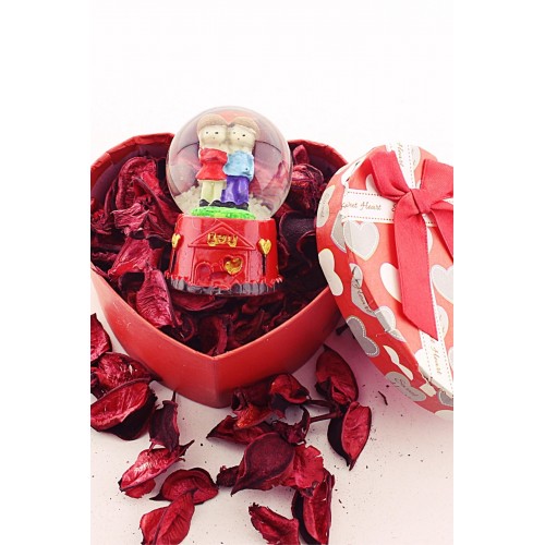 Kalp Kutuda Sevimli Çift Temalı Mini Boy Kar Küresi Işıklı 6,5 cm Boy