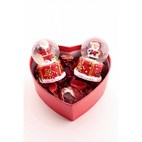 Özel Kalp Kutu İçinde 2 Adet Noel Baba  Kar Küresi 6,5 cm ve Kuru Gül
