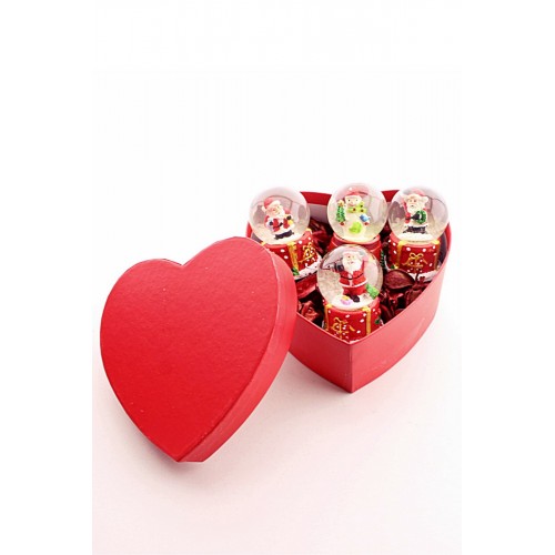 Özel Kalp Kutu İçinde 4 Adet Mini Noel Baba Kar Küresi 6,5 cm ve 50 gr Kuru Gül