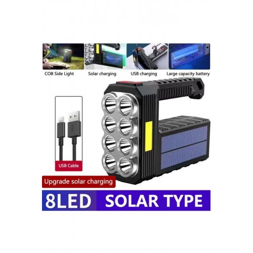 El Feneri 8 Gözlü Şarjlı Solar Usb ve  Güneş Enerjili Şarj Edilebilir Çok Fonksiyonlu Süper Parlak