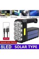 El Feneri 8 Gözlü Şarjlı Solar Usb ve  Güneş Enerjili Şarj Edilebilir Çok Fonksiyonlu Süper Parlak