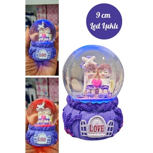 Love Sevgili Çift Temalı Mor 9 cm Orta Boy Led Işıklı Kar Küresi 