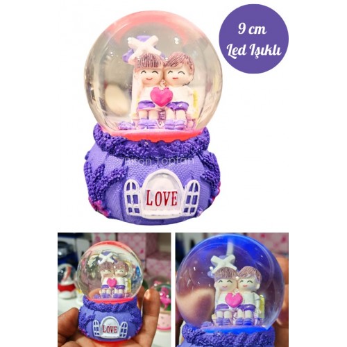 Love Sevgili Çift Temalı Mor 9 cm Orta Boy Led Işıklı Kar Küresi 