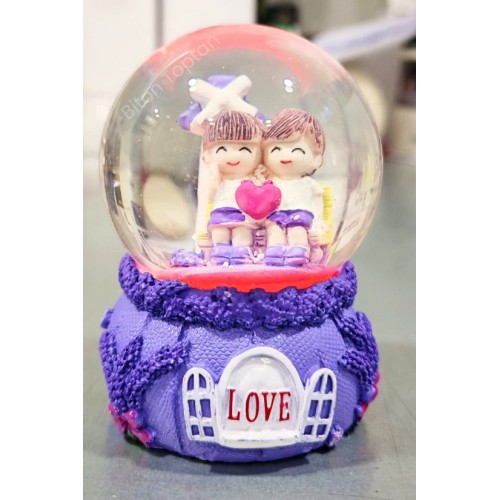 Love Sevgili Çift Temalı Mor 9 cm Orta Boy Led Işıklı Kar Küresi 