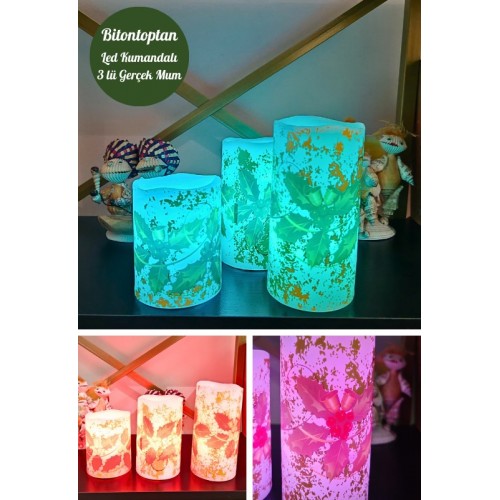 Yılbaşı Noel Temalı 3 lü Set Led Gerçek Mum Kumandalı 9 Renk Yanabilme  ve Animasyonlu Büyük Boy