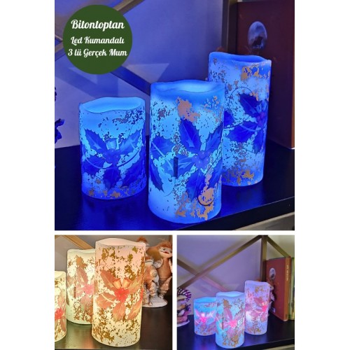 Yılbaşı Noel Temalı 3 lü Set Led Gerçek Mum Kumandalı 9 Renk Yanabilme  ve Animasyonlu Büyük Boy