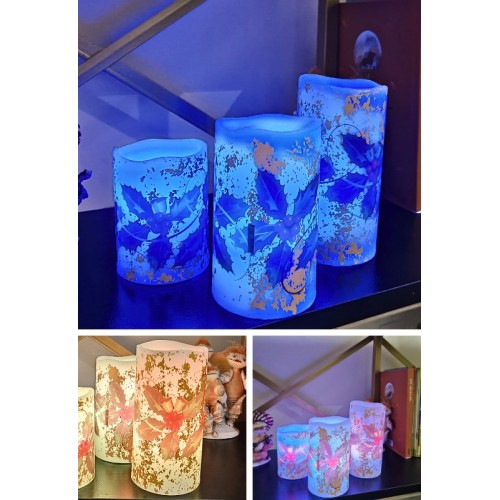 Yılbaşı Noel Temalı 3 lü Set Led Gerçek Mum Kumandalı 9 Renk Yanabilme  ve Animasyonlu Büyük Boy