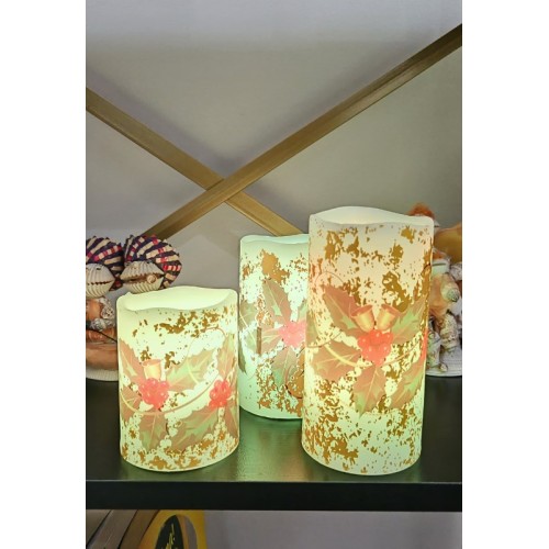 Yılbaşı Noel Temalı 3 lü Set Led Gerçek Mum Kumandalı 9 Renk Yanabilme  ve Animasyonlu Büyük Boy