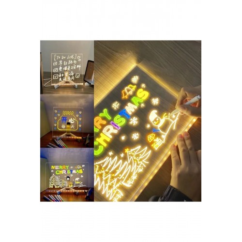 Orta Boy 20 X 20 cm Neon Mesaj Panosu Led Işıklı Yazı Çizim Tahtası Standlı 7 Keçeli Kalemli