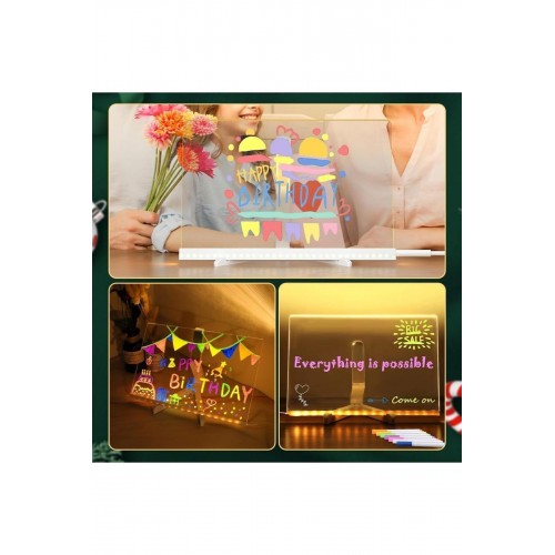 Orta Boy 20 X 20 cm Neon Mesaj Panosu Led Işıklı Yazı Çizim Tahtası Standlı 7 Keçeli Kalemli