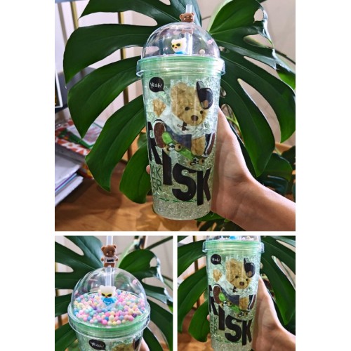 Sevimli Ayıcık Temalı Çift Katman 450 ml Suluk Pipetli Mika Yeşil 2726