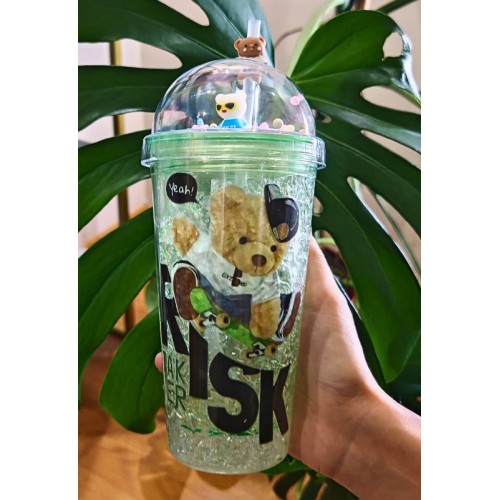 Sevimli Ayıcık Temalı Çift Katman 450 ml Suluk Pipetli Mika Yeşil 2726
