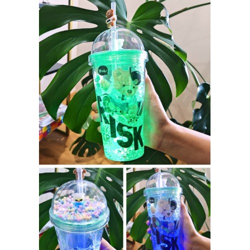 Risk Ayıcık Suluk Pipetli Buzlu Cam Görünümlü Led Işıklı 450 ML Çift Katman Mika 2768 Yeşil