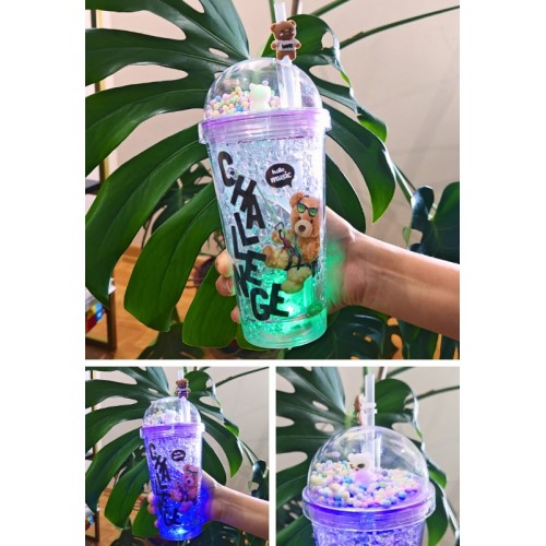 Challange Ayıcık Suluk Pipetli Buzlu Cam Görünümlü Led Işıklı 450 ML Çift Katman Mika 2768 Mor