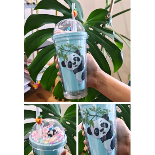 Sevimli Panda Temalı Çift Katman 450ml Suluk Pipetli Mika Matara Mavi 2770