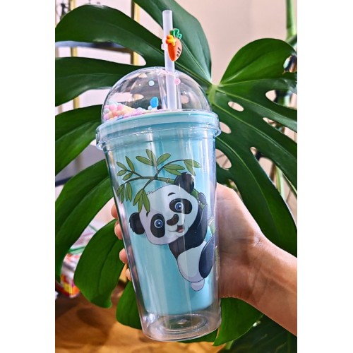 Sevimli Panda Temalı Çift Katman 450ml Suluk Pipetli Mika Matara Mavi 2770