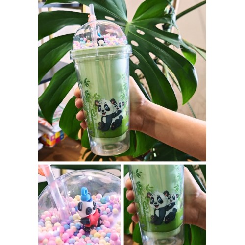 Sevimli Panda Temalı Çift Katman 450ml Suluk Pipetli Mika Matara Yeşil 2770
