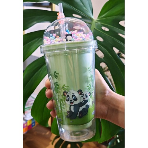 Sevimli Panda Temalı Çift Katman 450ml Suluk Pipetli Mika Matara Yeşil 2770