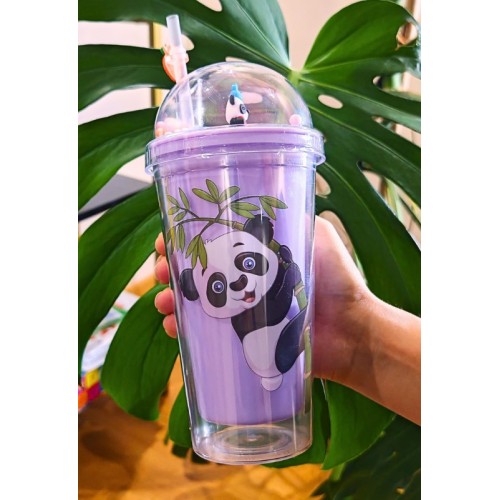 Sevimli Panda Temalı Çift Katman 450 ml Suluk Pipetli Mika Matara Mor 2770