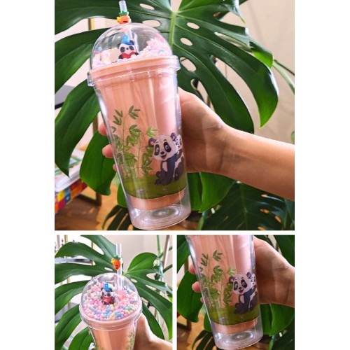 Sevimli Panda Temalı Çift Katman 450 ml Suluk Pipetli Mika Matara Pembe 2770
