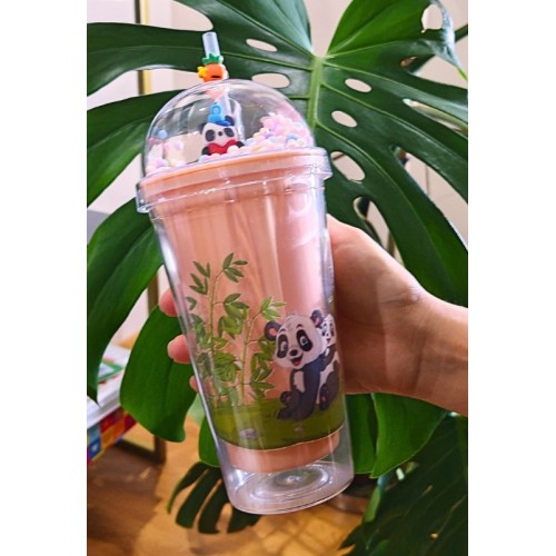 Sevimli Panda Temalı Çift Katman 450 ml Suluk Pipetli Mika Matara Pembe 2770