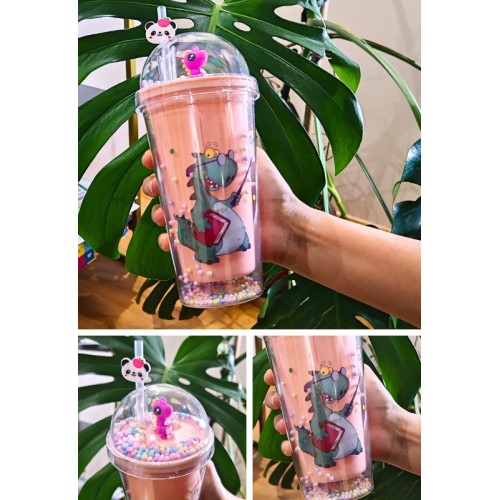 Sevimli Dino Temalı Çift Katman 450 ml Suluk Pipetli Mika Matara Pembe 2769