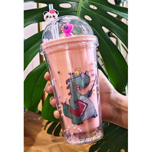 Sevimli Dino Temalı Çift Katman 450 ml Suluk Pipetli Mika Matara Pembe 2769
