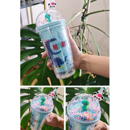 Sevimli Dino Temalı Çift Katman 450 ml Suluk Pipetli Mika Mavi 2769