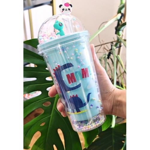 Sevimli Dino Temalı Çift Katman 450 ml Suluk Pipetli Mika Mavi 2769
