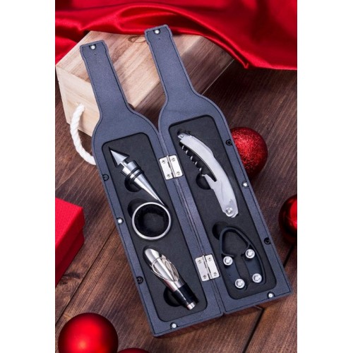 5 Parça Çelik Şişe Açacağı Seti Dekoratif Kılıf ile Şık Hediye Seti , Wine Opener Gift Set