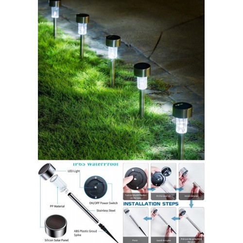10'li Metal Gövdeli Beyaz Ledli Solar Güneş Enerjili Bahçe Lambası 30 cm Saplama