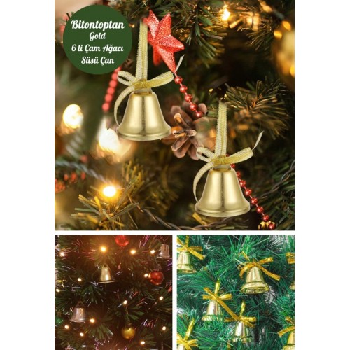 6 Adet Mini Çan Süs Yılbaşı Çam Ağacı Süsü 4 cm Altın Sarısı Kurdeleli Zil Gold Yılbaşı Çam Ağacı 