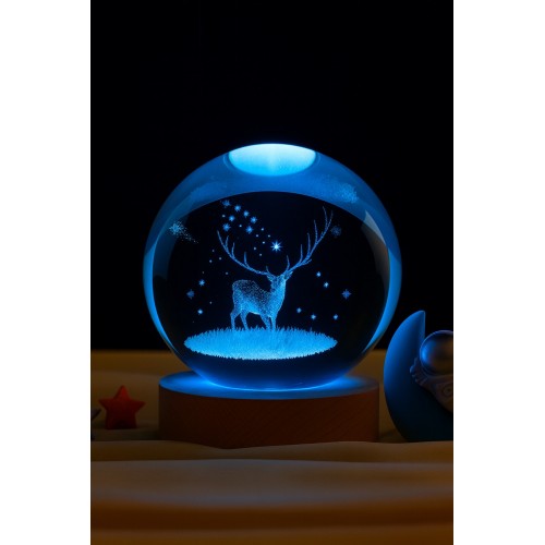 3D Kristal Küre Geyik Figürlü LED Işıklı Gece Lambası USB'li Ahşap Standlı Dekoratif RGB Led