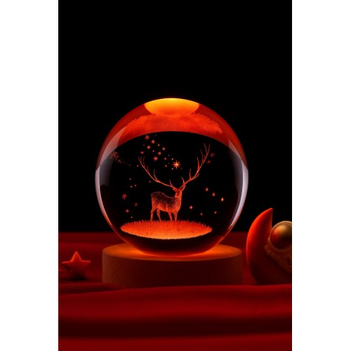 3D Kristal Küre Geyik Figürlü LED Işıklı Gece Lambası USB'li Ahşap Standlı Dekoratif RGB Led