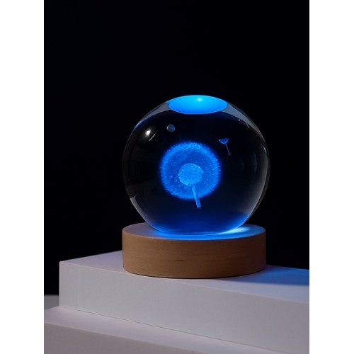 3D Karahindiba Temalı Kristal Küre Led Gece Lambası – USB'li Ahşap Standlı RGB Led Lamba