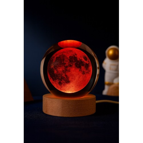 3D Ay Küre Kristal Led Gece Lambası – USB'li Ahşap Standlı LED Masa Lambası & Gece Lambası RGB Led