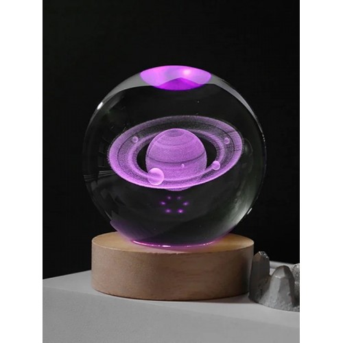 3D Satürn Kristal Küre Lamba – USB li LED Işıklı Ahşap Standlı Dekoratif Masa Lambası RGB Led
