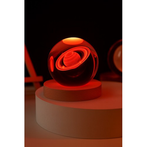 3D Satürn Kristal Küre Lamba – USB li LED Işıklı Ahşap Standlı Dekoratif Masa Lambası RGB Led
