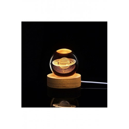 3D Satürn Kristal Küre Lamba – USB li LED Işıklı Ahşap Standlı Dekoratif Masa Lambası RGB Led