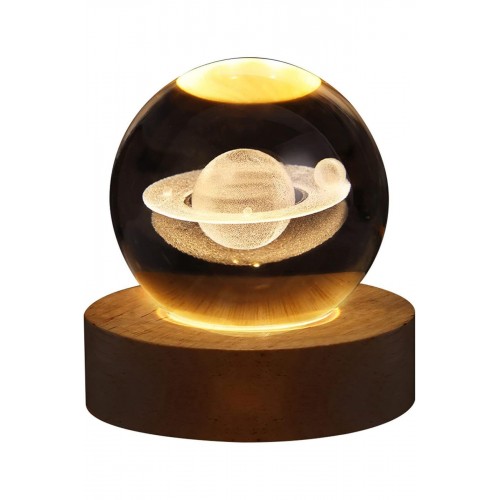 3D Satürn Kristal Küre Lamba – USB li LED Işıklı Ahşap Standlı Dekoratif Masa Lambası RGB Led