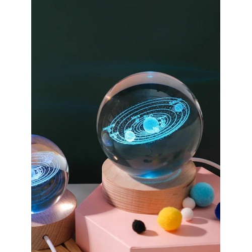 3D Güneş Sistemi Kristal Led Gece Lambası – USB'li Ahşap Standlı LED Masa - Gece Lambası RGB Led