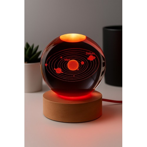 3D Güneş Sistemi Kristal Led Gece Lambası – USB'li Ahşap Standlı LED Masa - Gece Lambası RGB Led