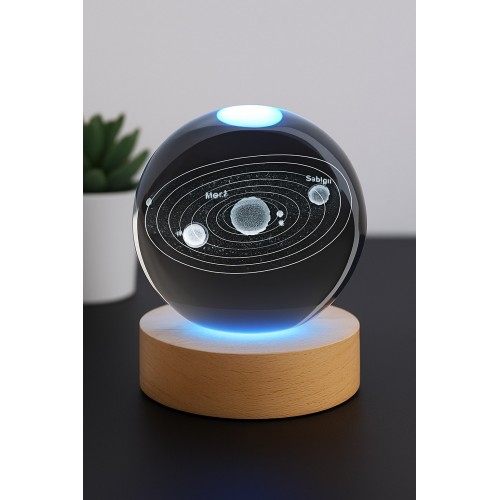 3D Güneş Sistemi Kristal Led Gece Lambası – USB'li Ahşap Standlı LED Masa - Gece Lambası RGB Led