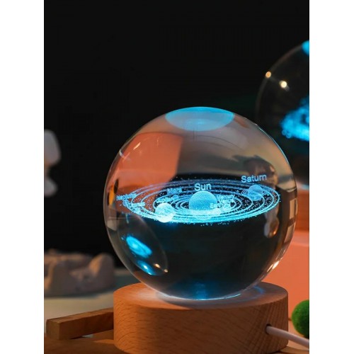 3D Güneş Sistemi Kristal Led Gece Lambası – USB'li Ahşap Standlı LED Masa - Gece Lambası RGB Led