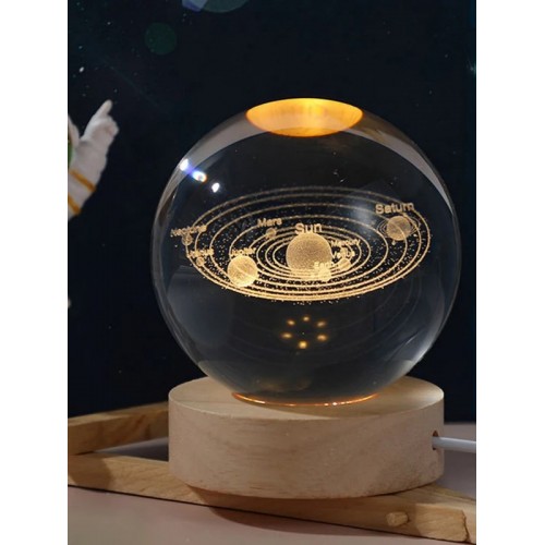 3D Güneş Sistemi Kristal Led Gece Lambası – USB'li Ahşap Standlı LED Masa - Gece Lambası RGB Led